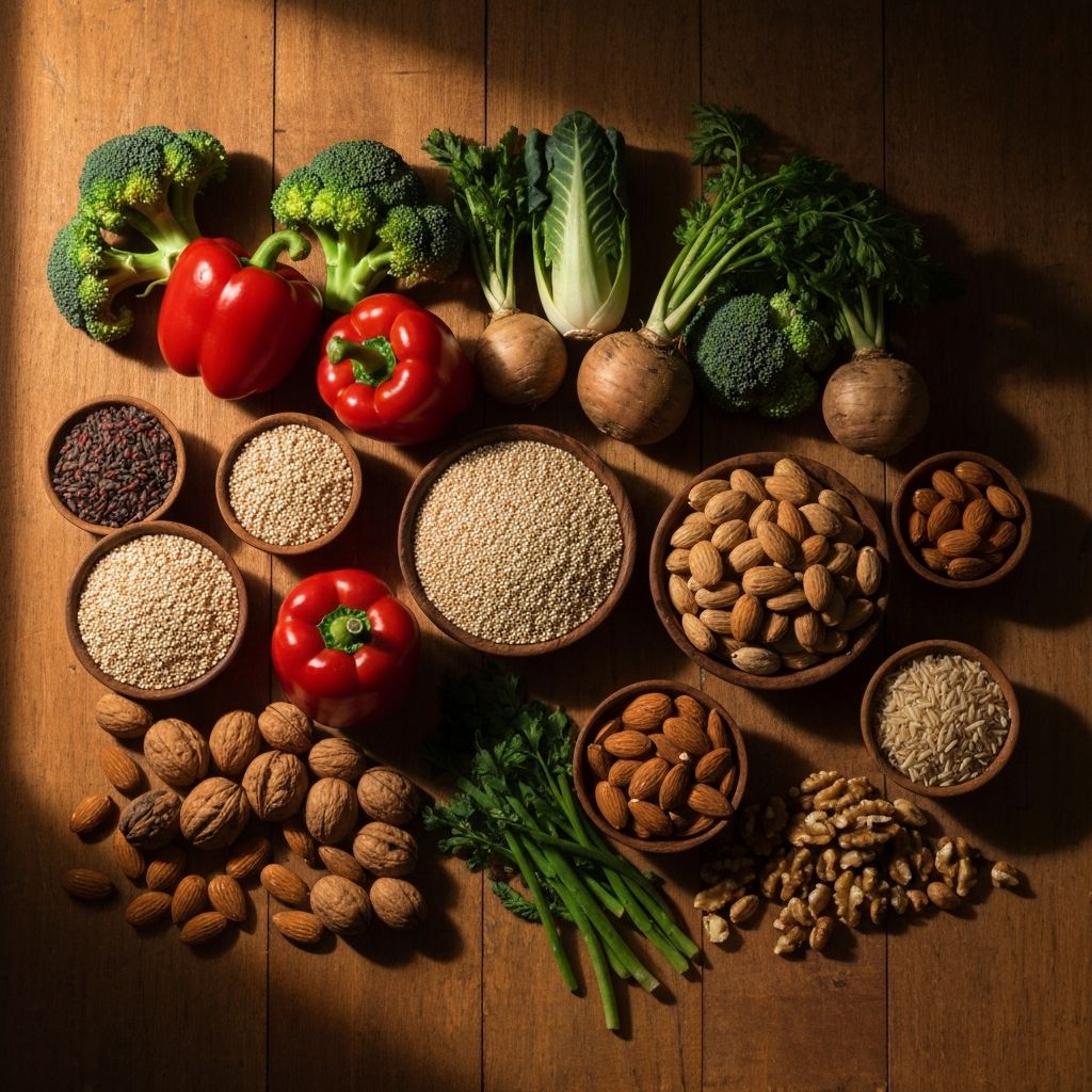 Fresh vegetables and whole foods on natural surface