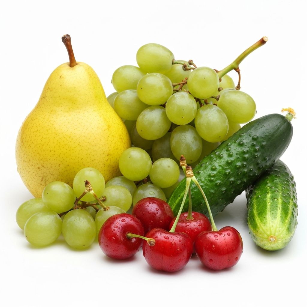Fresh fruits and vegetables with water droplets